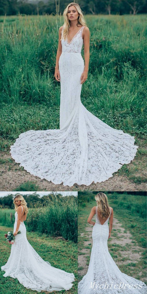 Satin Mermaid V-neck Wedding Dresses With Train SW496 | Simidress